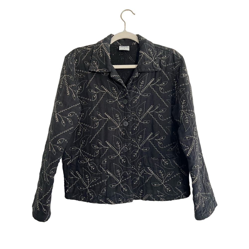Vintage Linen Quilted & Embroidered Jacket Black Size Small